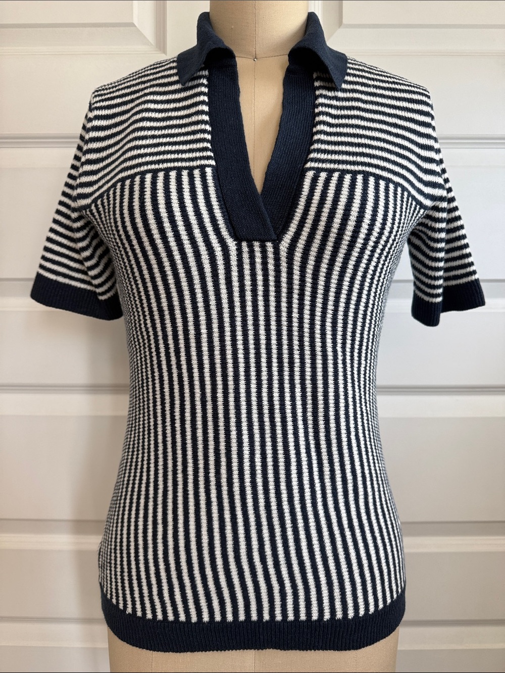 Reiss Navy and White Striped Knit Polo Top